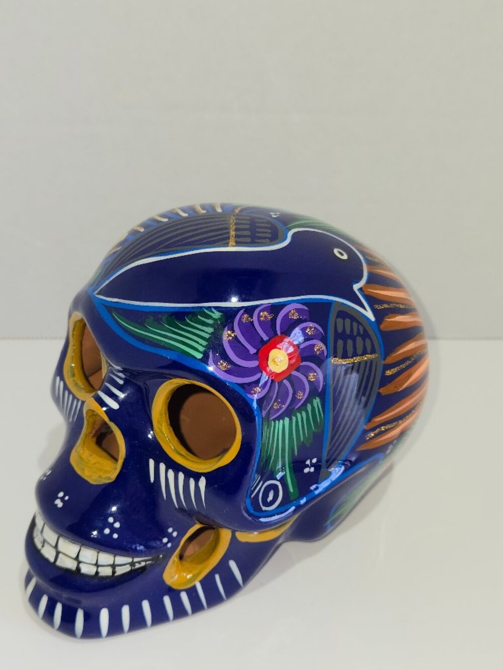 Mexican Ceramic Day of the Dead Sugar Skull Talavera Blue 6"x4" HALLOWEEN